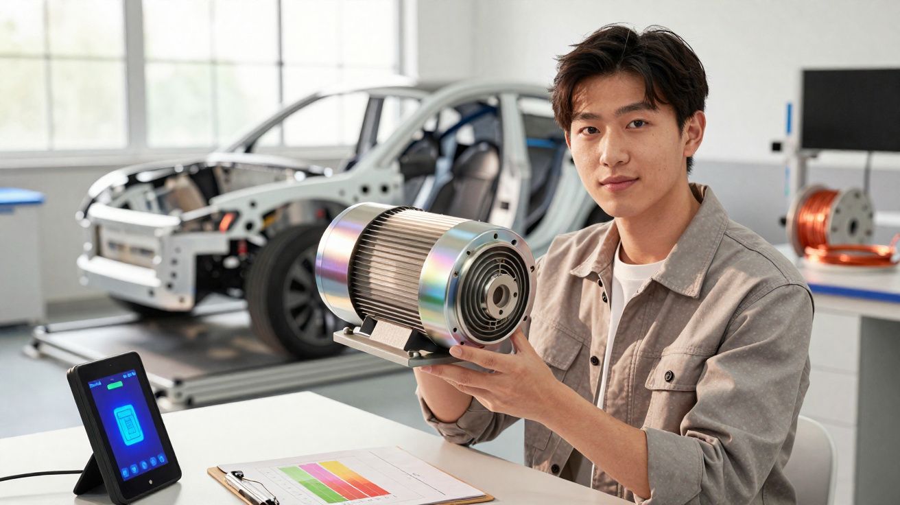 Jovem engenheiro segura motor elétrico em laboratório com carro protótipo ao fundo.
