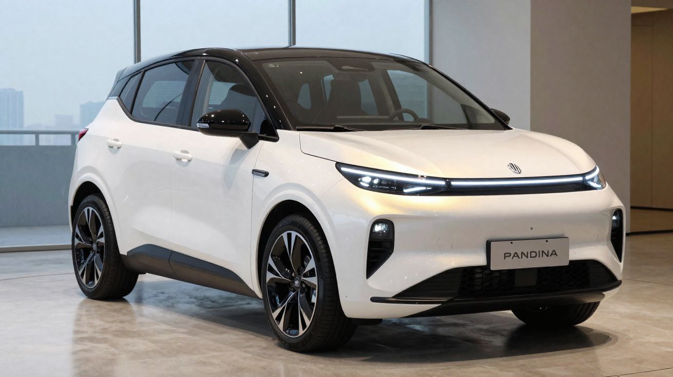 Carro branco moderno elétrico com teto preto estacionado em ambiente interno com piso refletivo.