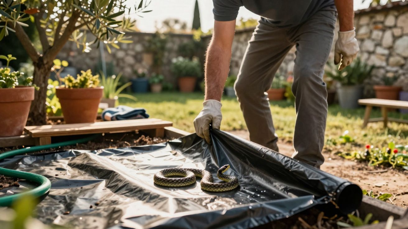 Homem de luvas removendo uma cobra de plástico preto em um jardim com vasos e plantas.