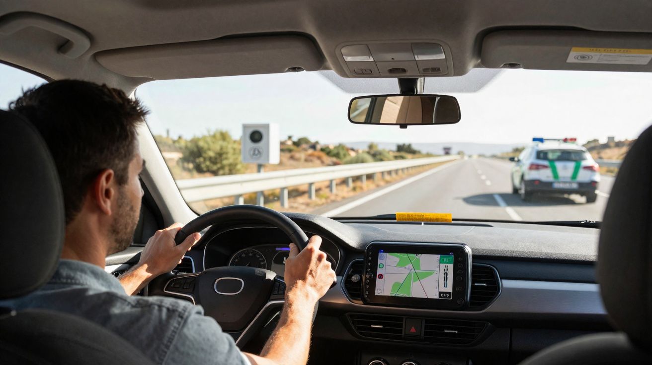 Motorista dirigindo carro com tela de GPS, seguindo uma viatura policial em estrada aberta.
