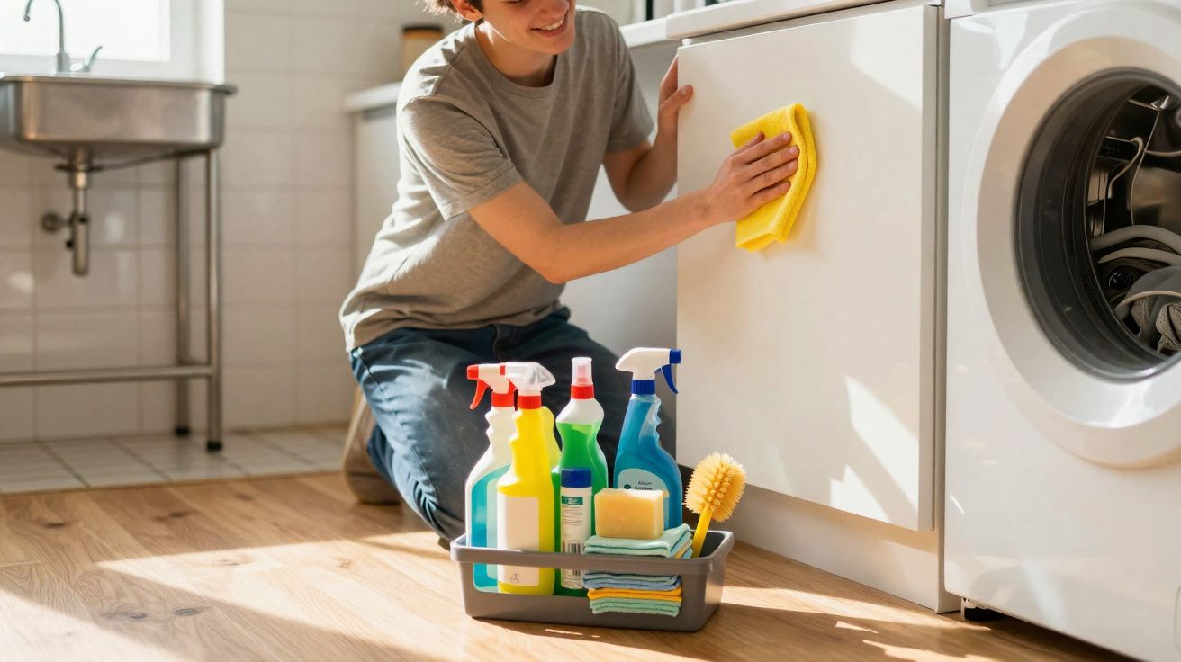 Pessoa limpando máquina de lavar roupa com pano amarelo e produtos de limpeza em cesto no chão.