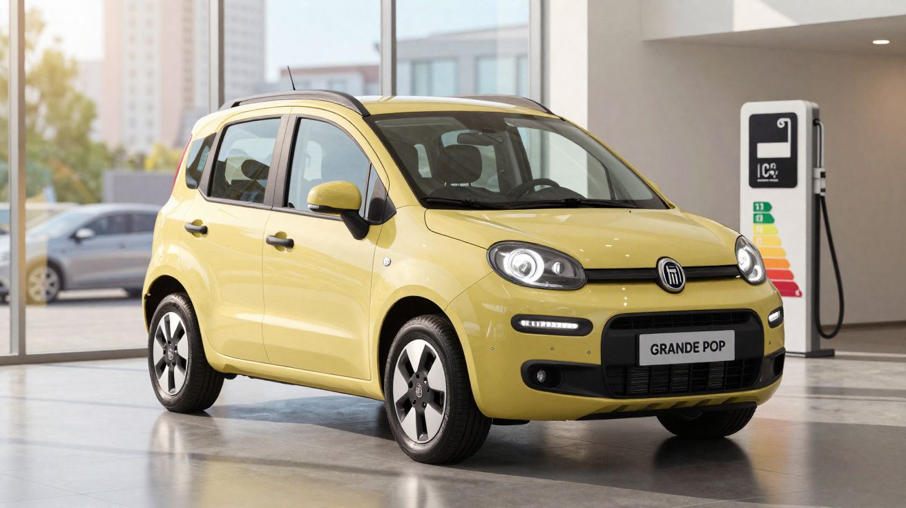 Carro elétrico compacto amarelo estacionado em showroom com estação de recarga ao fundo.