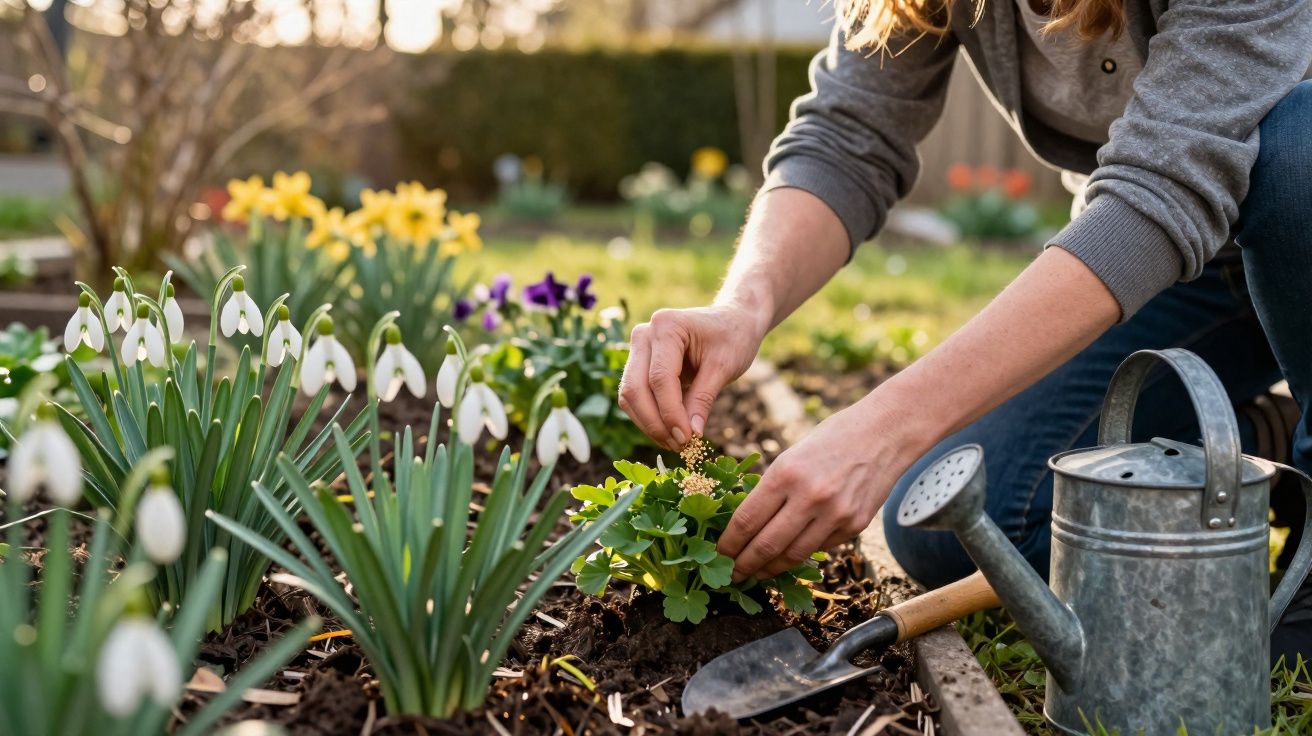 Pessoa cuidando de planta em jardim com flores brancas, amarelas e roxas ao redor no dia ensolarado.