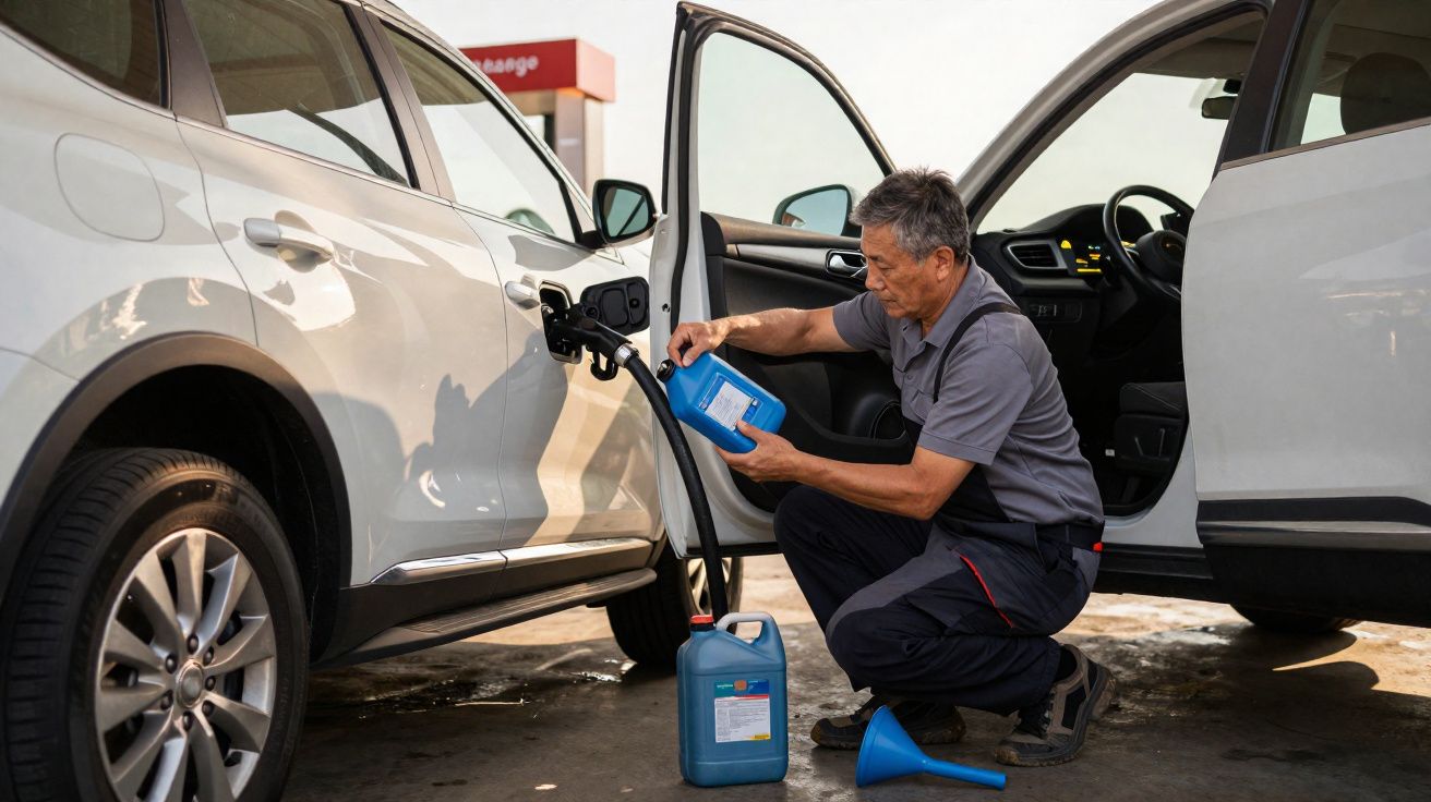 Homem abastecendo carro com fluido azul em posto de combustível, com funil no chão.