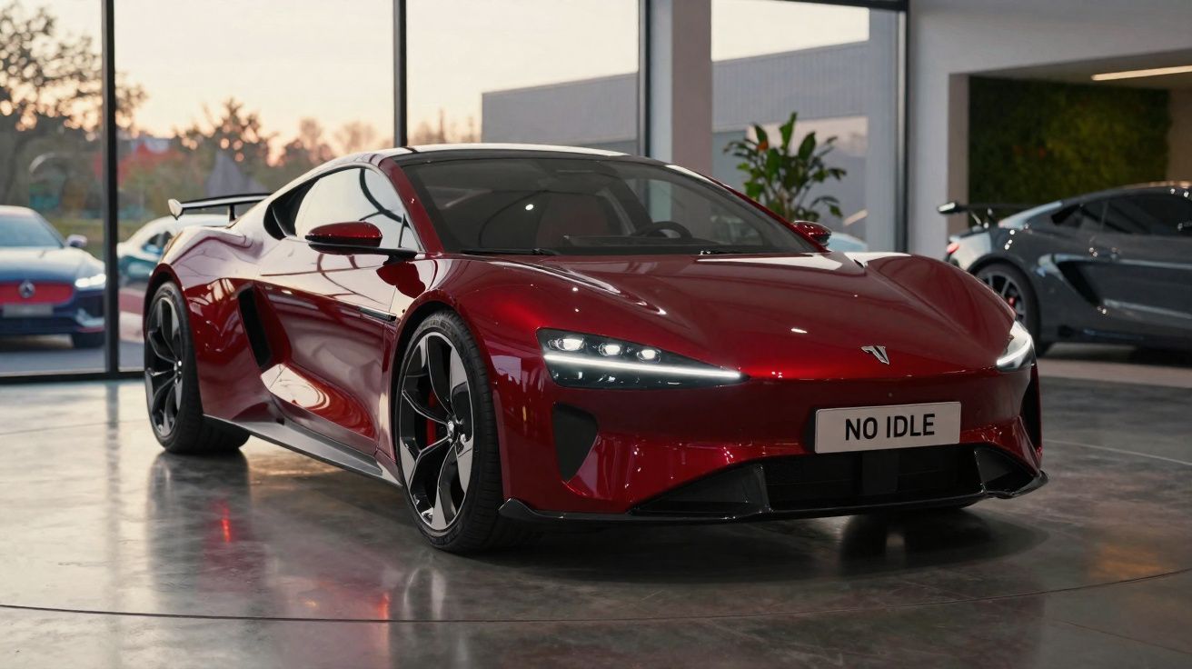 Carro esportivo vermelho brilhante estacionado em showroom moderno com iluminação natural e vidro ao fundo.