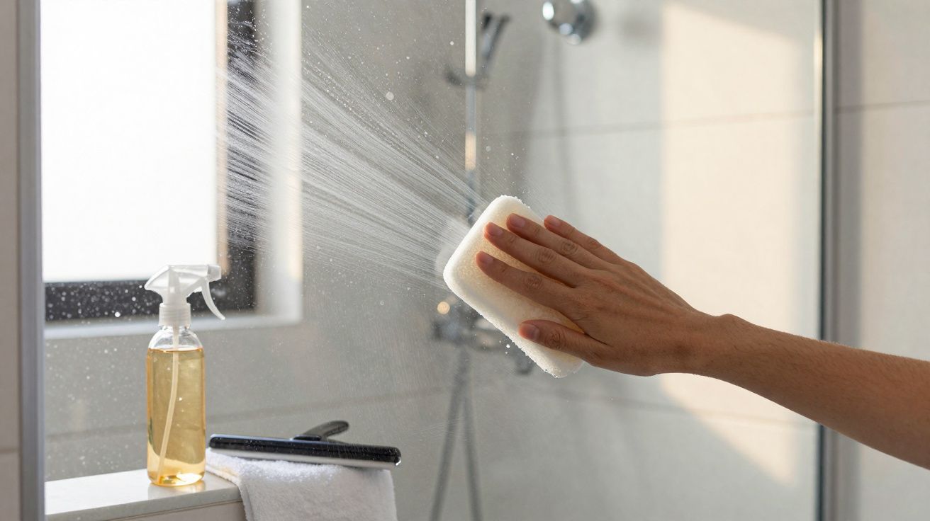 Mão limpa vidro do box do banheiro com esponja e spray de produto de limpeza ao lado.