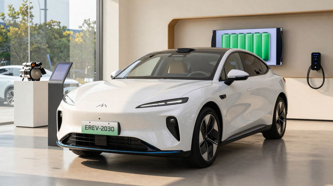 Carro elétrico branco futurista exibido em showroom com tela de bateria verde e estação de recarga ao fundo.