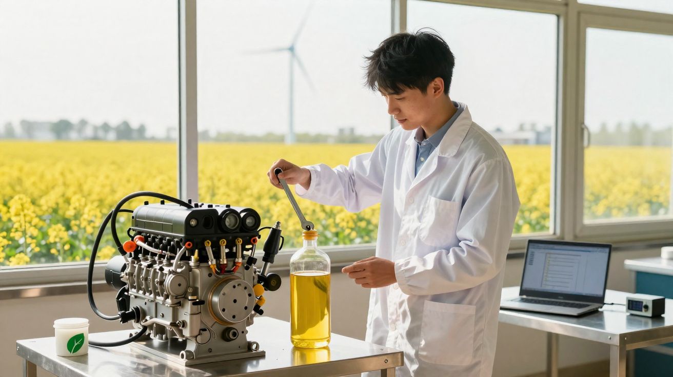 Pesquisador em laboratório insere líquido amarelo em cilindro próximo a motor, com campo florido e turbina ao fundo.