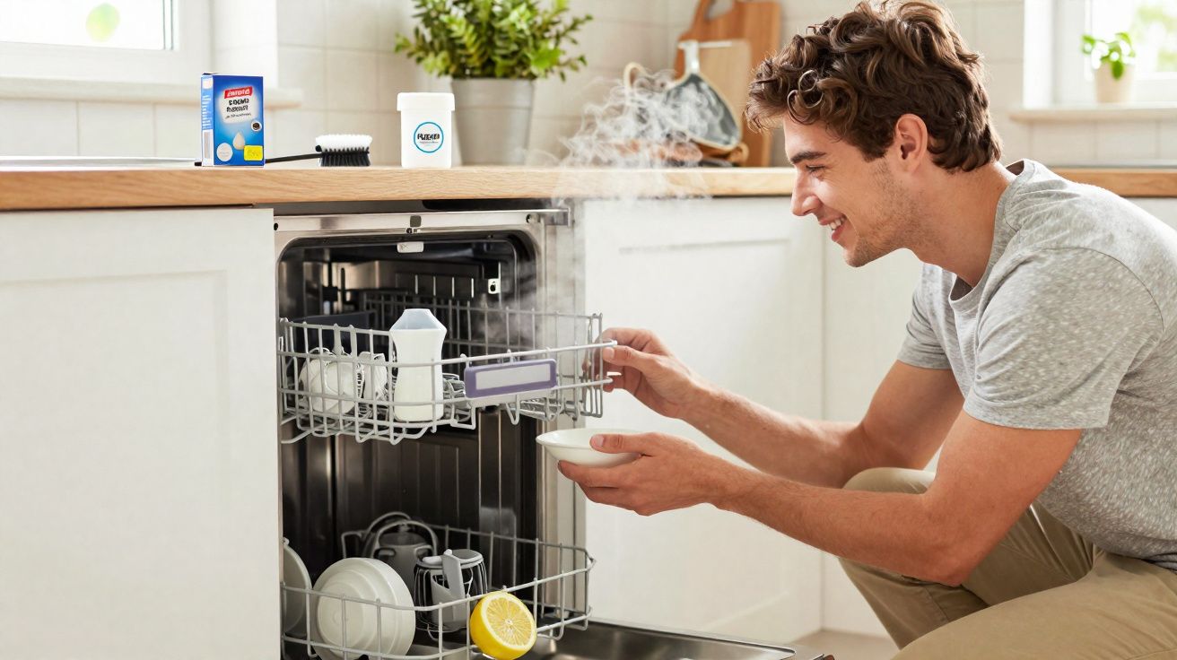 Homem sorrindo enquanto retira louça quente de lava-louças na cozinha moderna.
