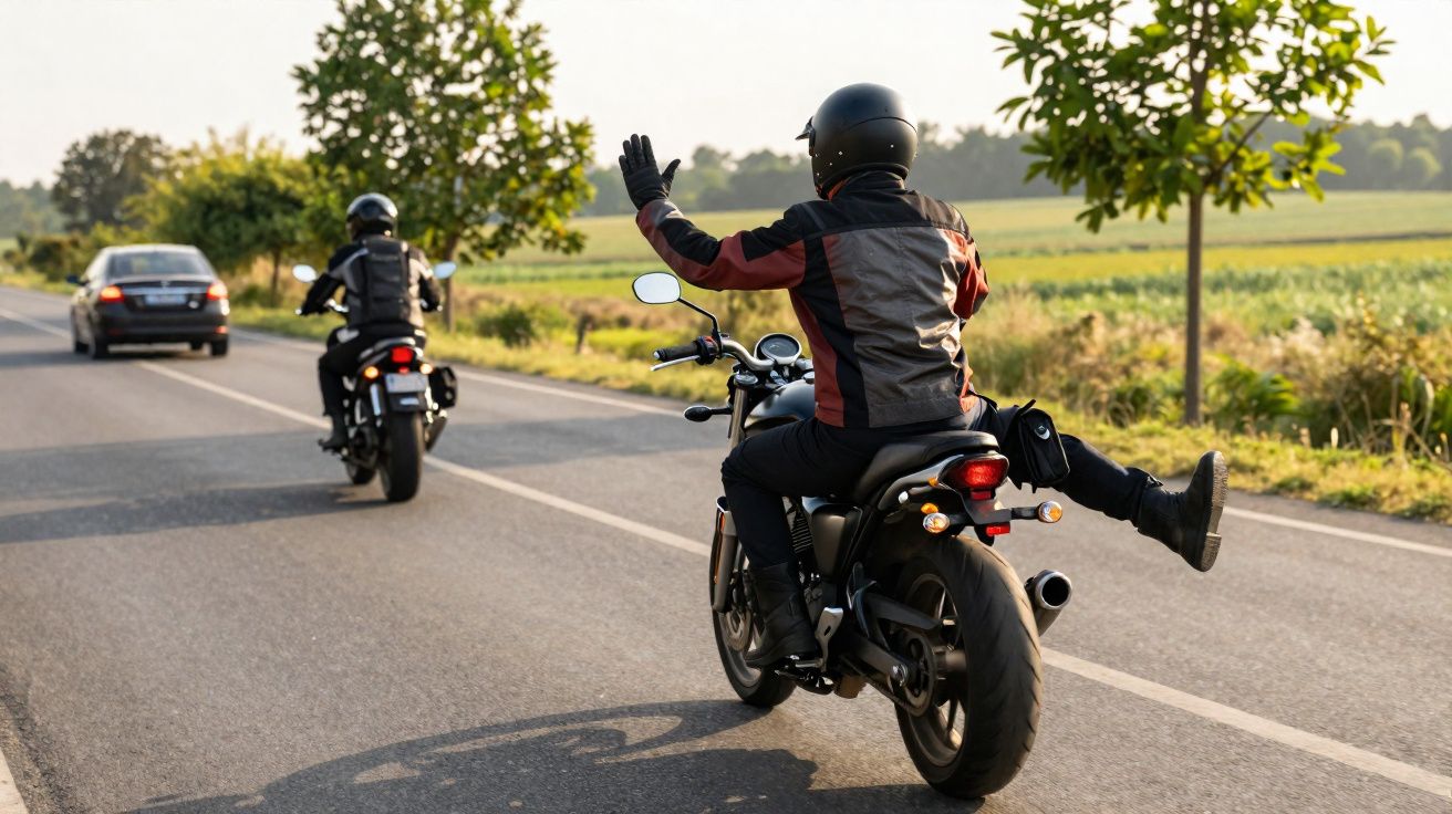 Duas pessoas pilotando motos em estrada, uma com a mão levantada e a perna esticada, usando capacete e jaqueta.