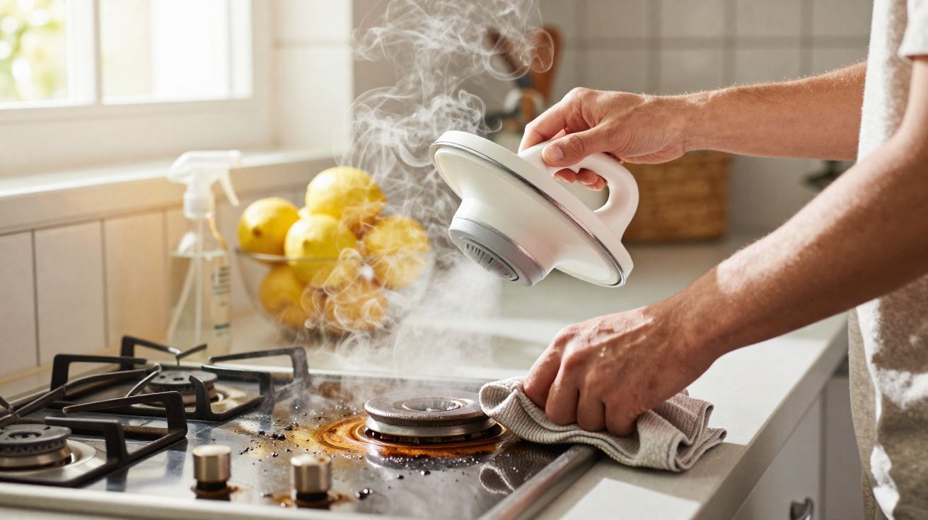 Pessoa usando vaporizador para limpar fogão com pano em cozinha iluminada por luz natural.