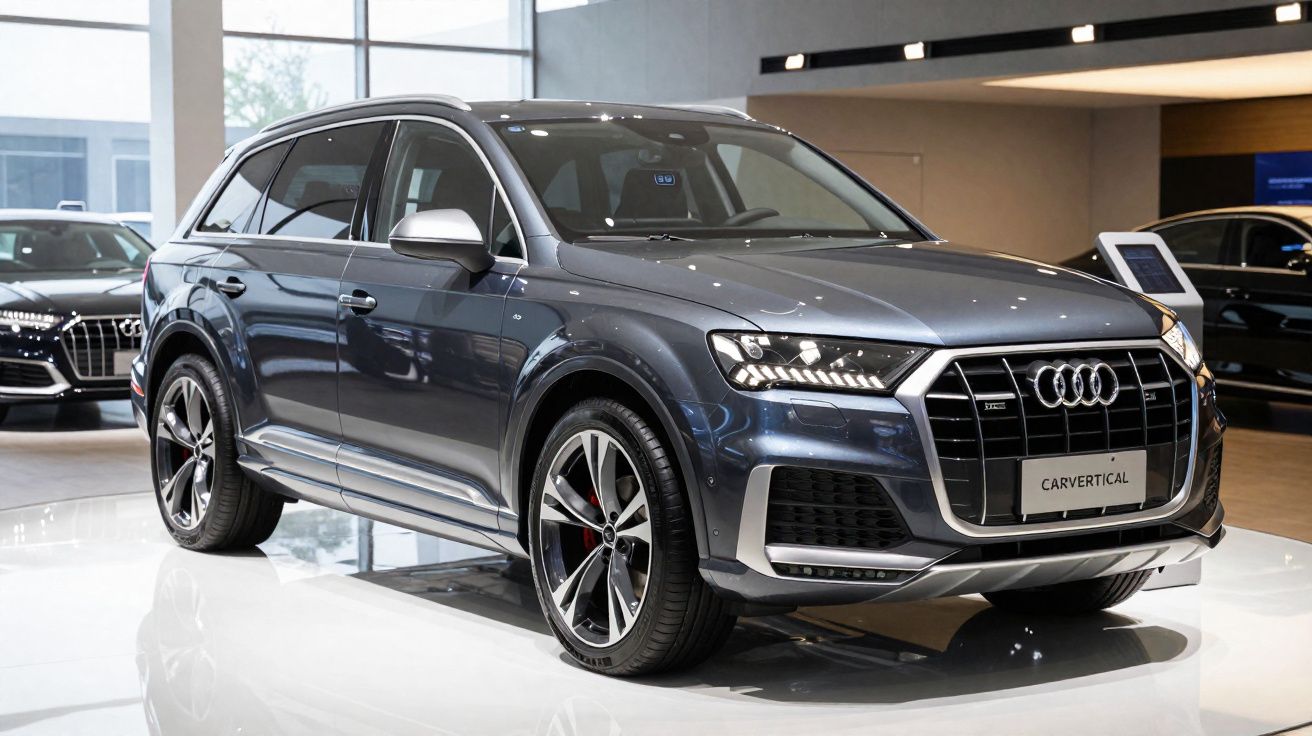 SUV Audi Q7 cinza exibição em showroom com piso branco e iluminação interna.