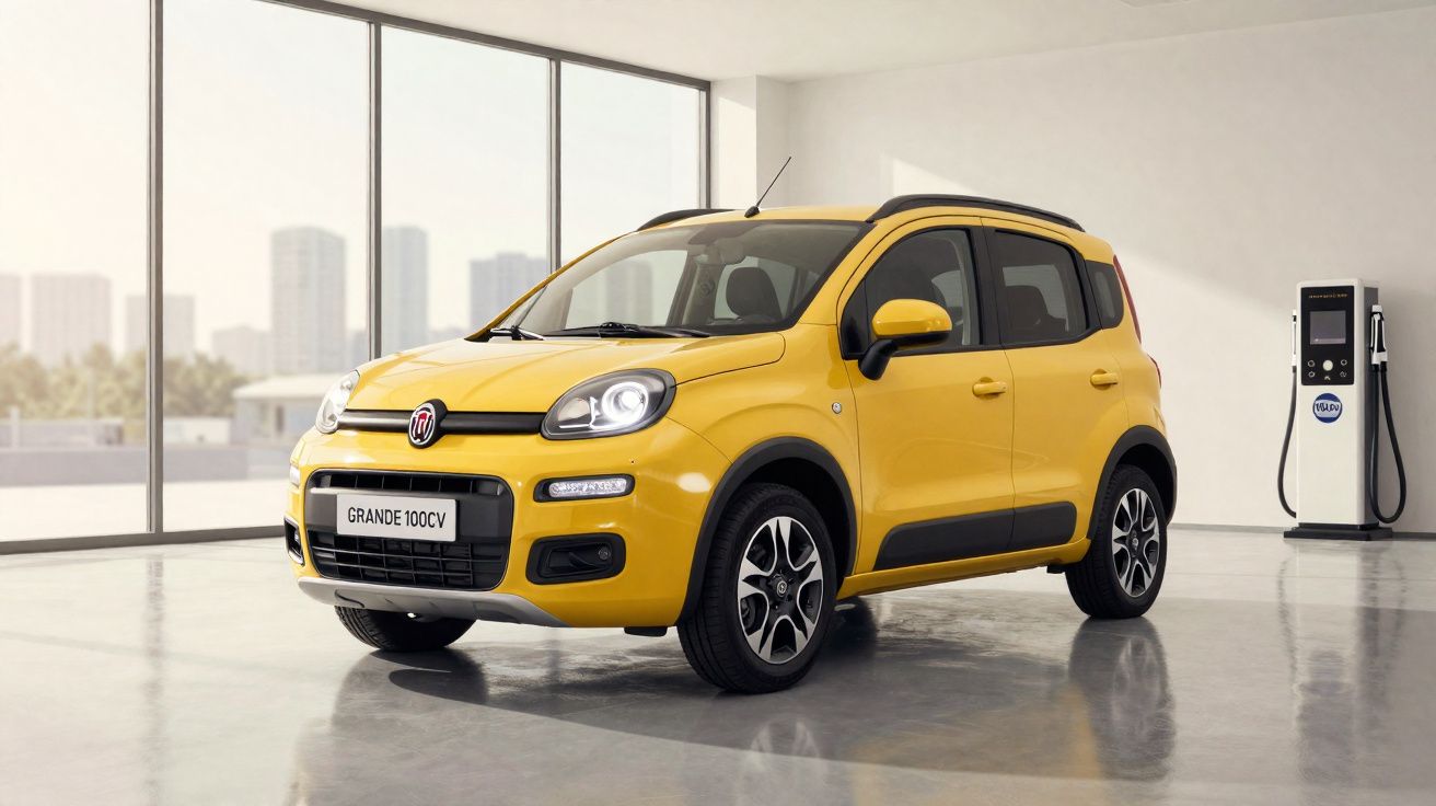Carro Fiat amarelo modelo Grande 100 CV estacionado em ambiente interno moderno com janela ampla.