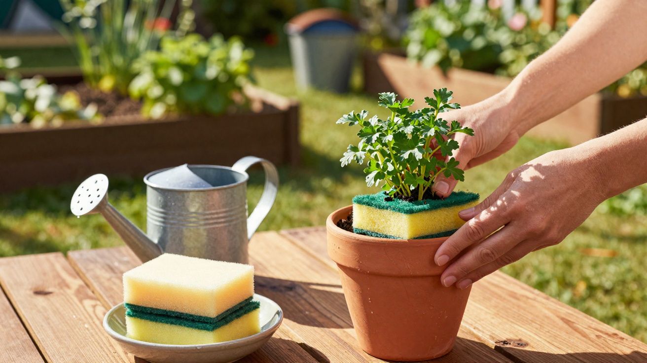Mãos plantando muda em vaso com esponja, regador ao fundo em mesa de madeira ao ar livre.