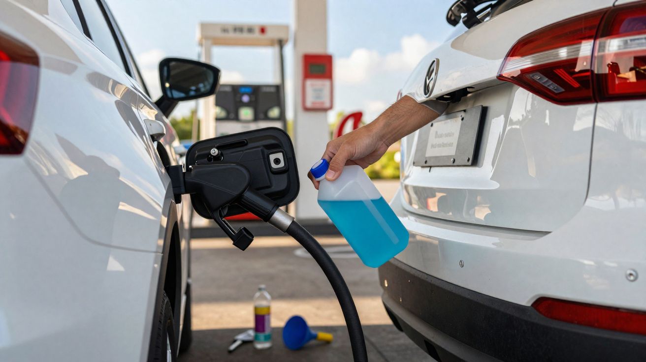Pessoa segurando fluido azul para abastecer limpador de para-brisa em carro branco no posto de gasolina.
