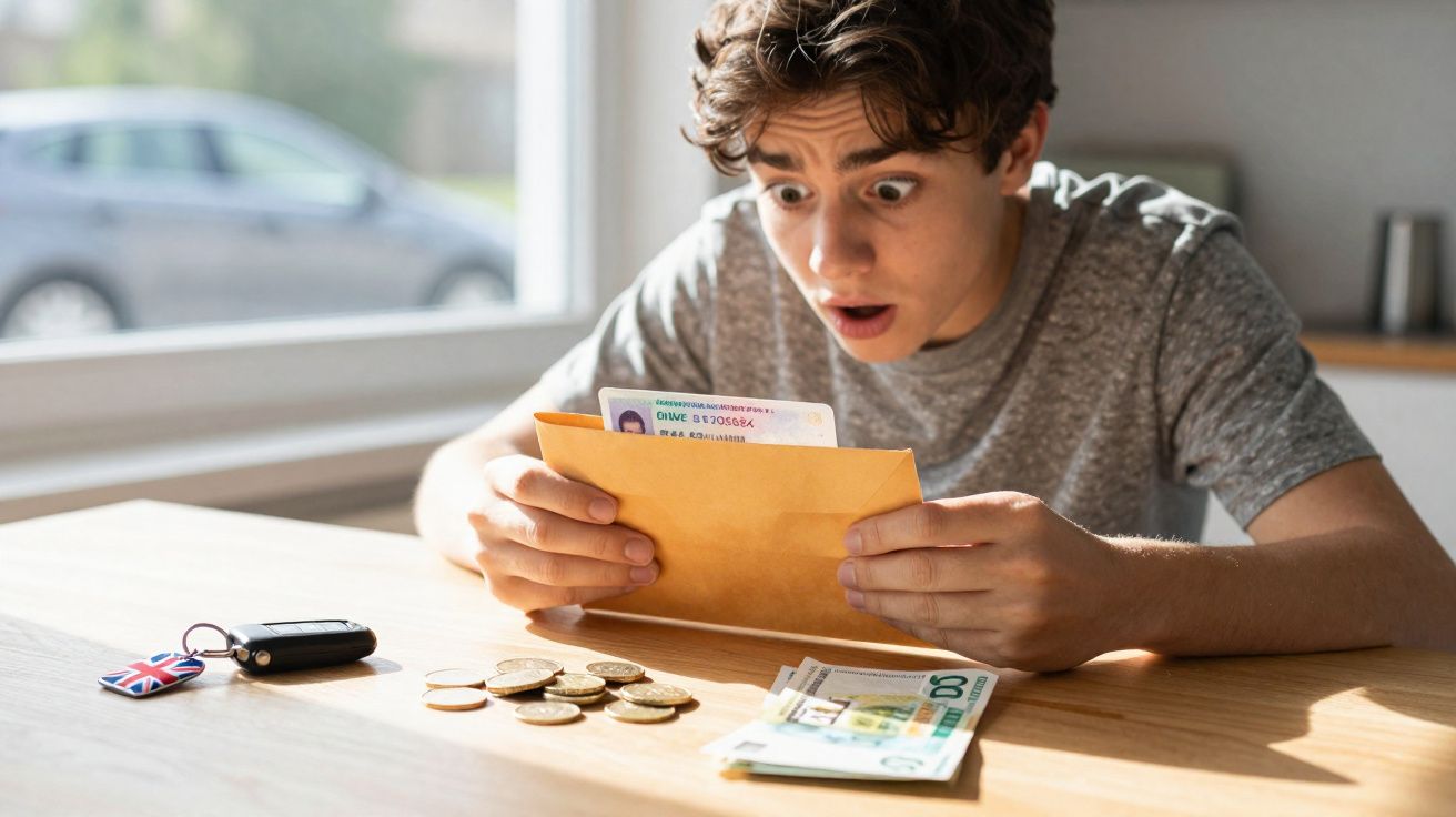 Jovem surpreso segurando envelope com documentos, moedas e notas de dinheiro sobre mesa de madeira.