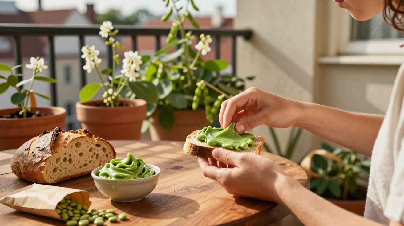 Pessoa passando pasta verde em fatia de pão em mesa de madeira com pão, potinho e plantas ao fundo.