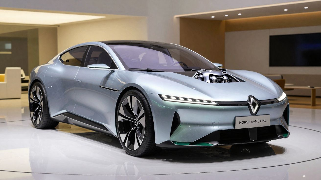 Carro elétrico Renault Horse E-Metal prata exposto em ambiente moderno e iluminado.
