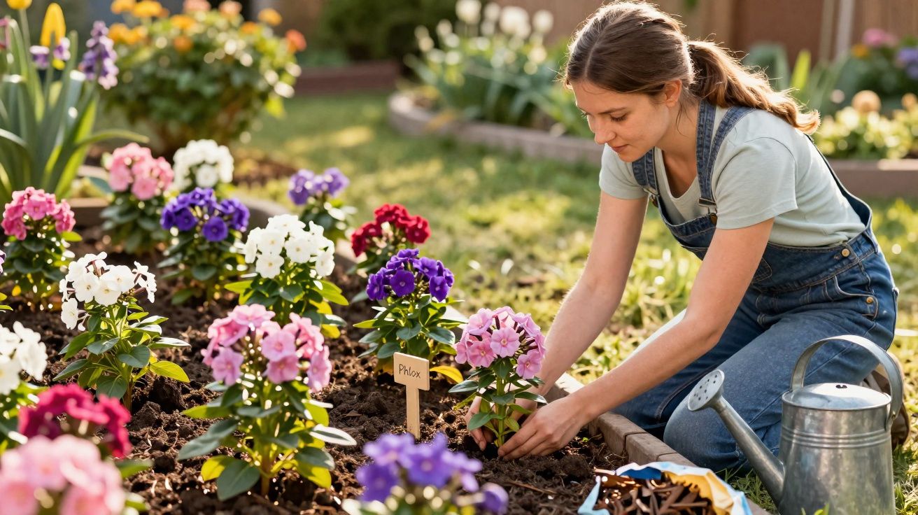 Mulher cuidando de flores coloridas em um jardim, com regador ao lado, em dia ensolarado.
