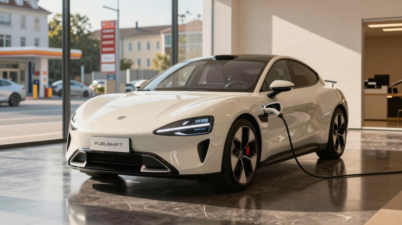 Carro esportivo elétrico branco carregando em tomada dentro de showroom moderno com janelas amplas.