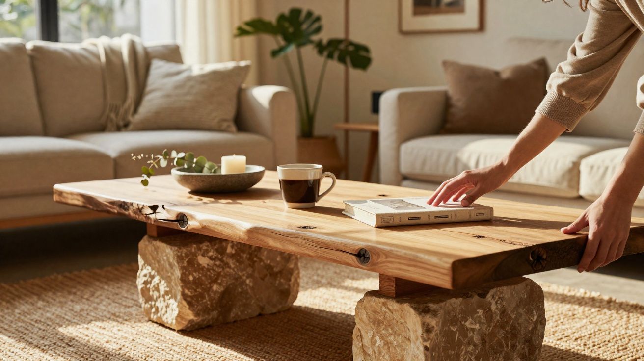 Sala de estar com mesa de madeira e pedra, com objetos decorativos e uma pessoa ajeitando livro.