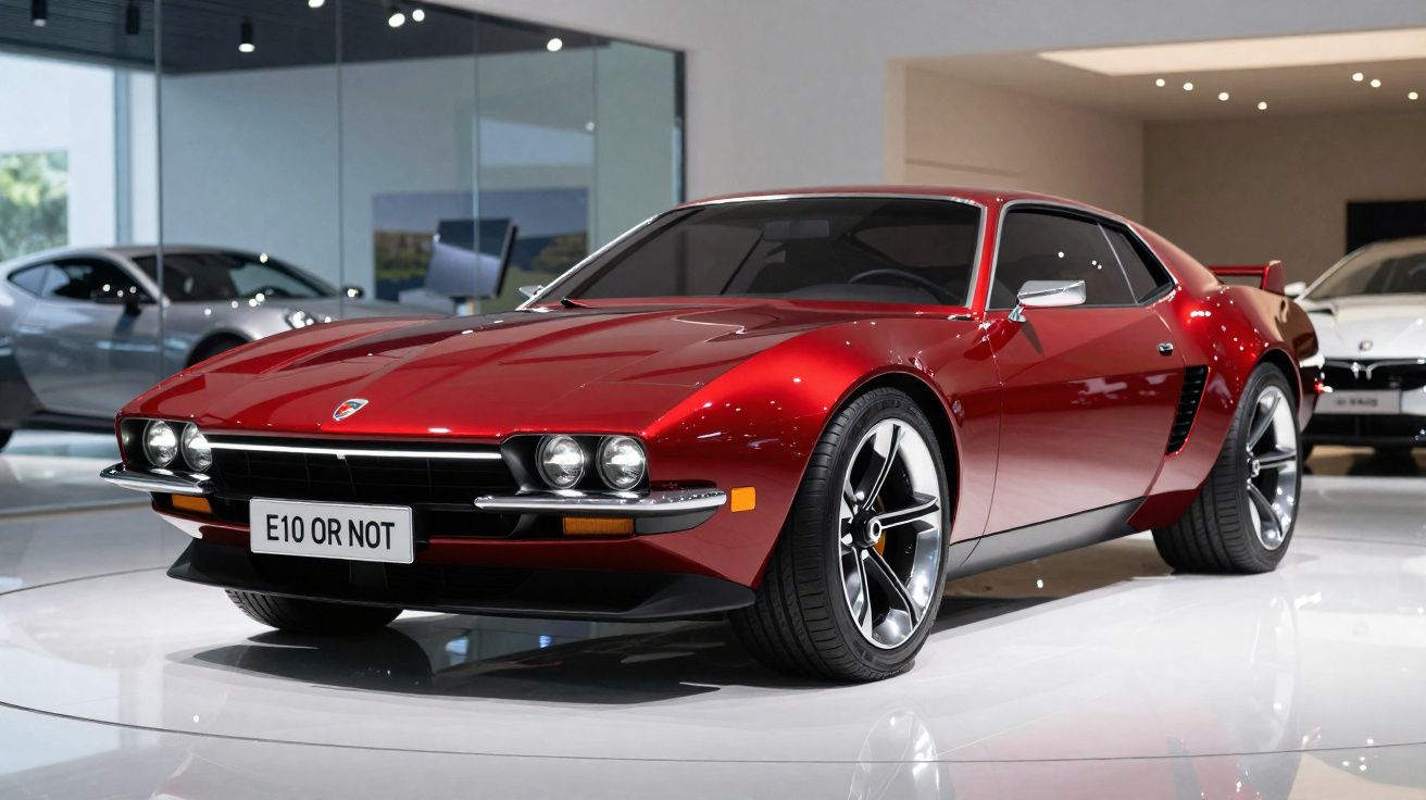 Carro esportivo vermelho clássico em exibição, com design aerodinâmico e rodas pretas brilhantes.