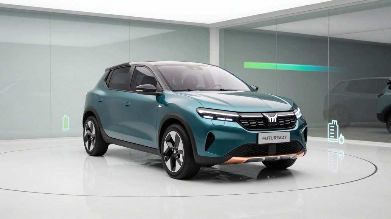 Carro elétrico verde modelo Futuready em ambiente branco e moderno com ícones de bateria ao fundo.