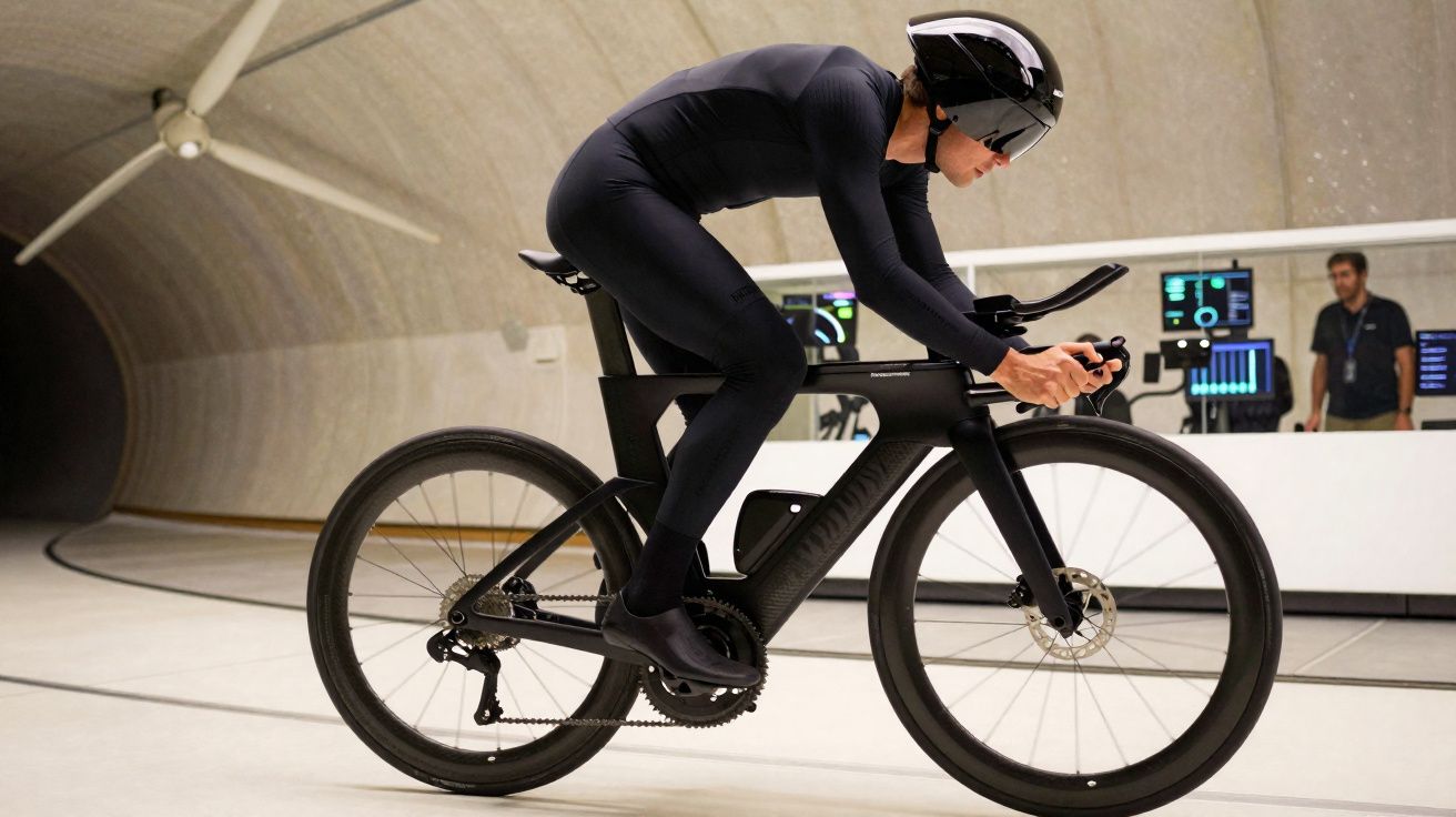 Ciclista com roupa preta e capacete aerodinâmico testa bicicleta em túnel de vento indoor.