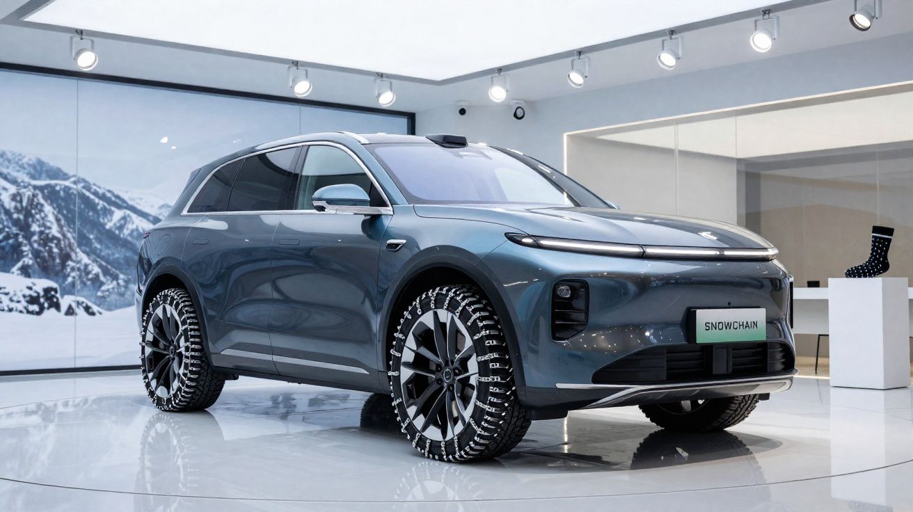 Carro elétrico SUV azul em exposição interna com pneus off-road e cenário de montanhas nevadas ao fundo.