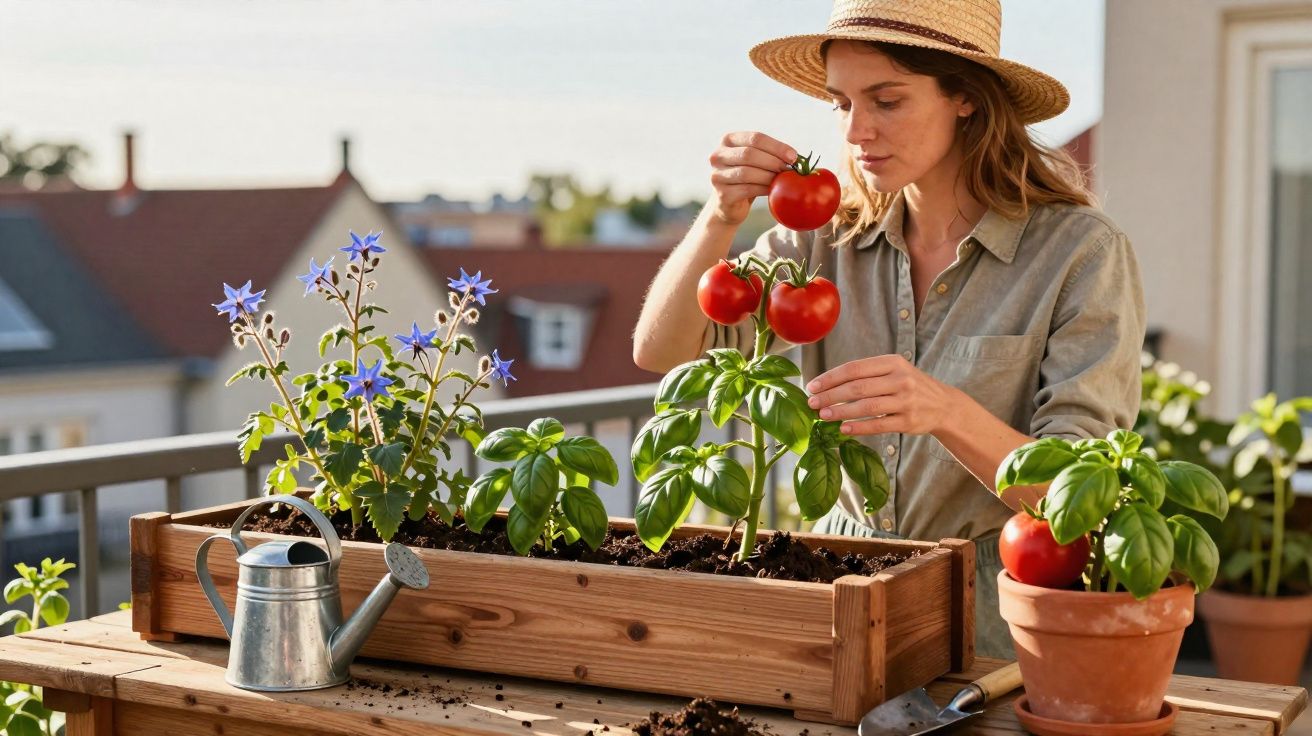 Mulher colhendo tomates vermelhos em vasos na varanda ensolarada de casa.