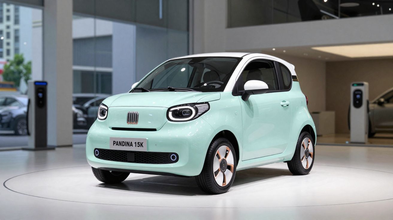 Carro elétrico compacto verde claro modelo Pandina 15K exibido em showroom moderno.