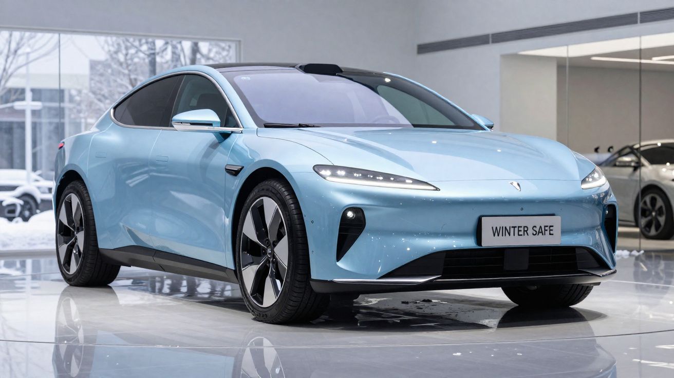 Carro elétrico azul claro modelo sedan exposto em showroom com placa "Winter Safe".