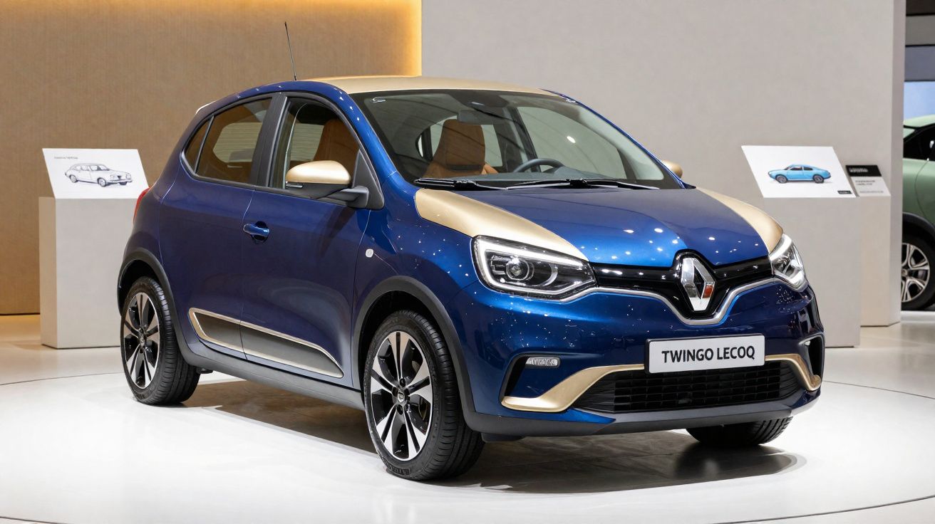 Carro compacto Renault Twingo Lecoq azul com detalhes em dourado exibido em estande de exposição.