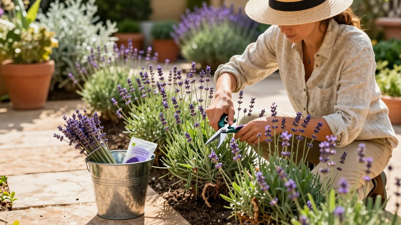 Mulher com chapéu colhendo flores de lavanda em jardim ensolarado com tesoura de poda.