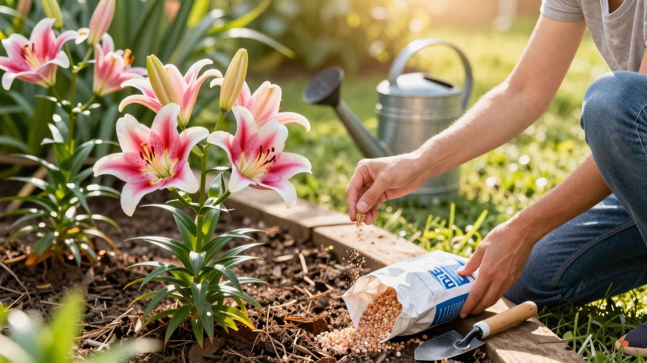 Pessoa aplicando fertilizante em canteiro com lírios rosas em jardim ensolarado.