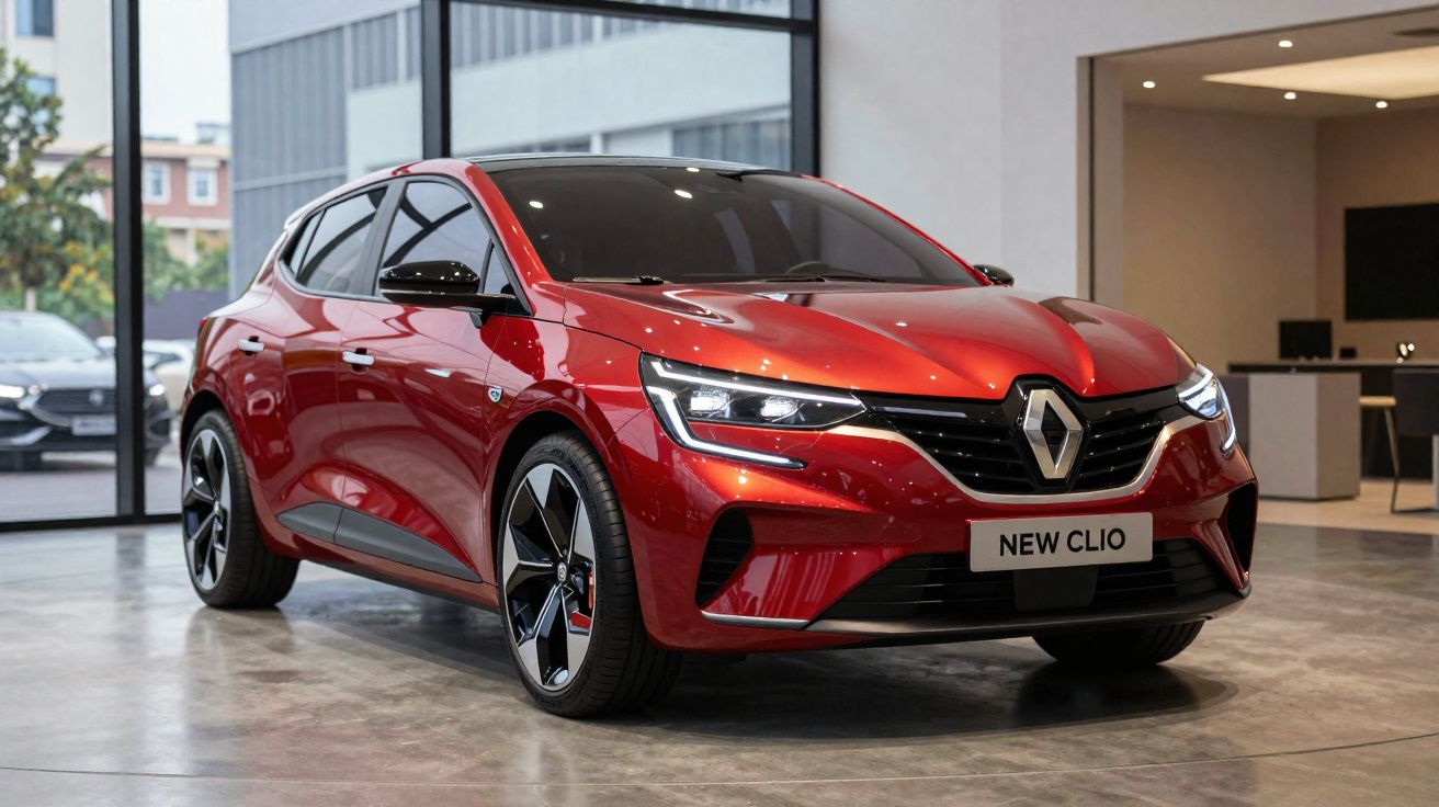 Carro Renault New Clio vermelho exibido em ambiente interno moderno.