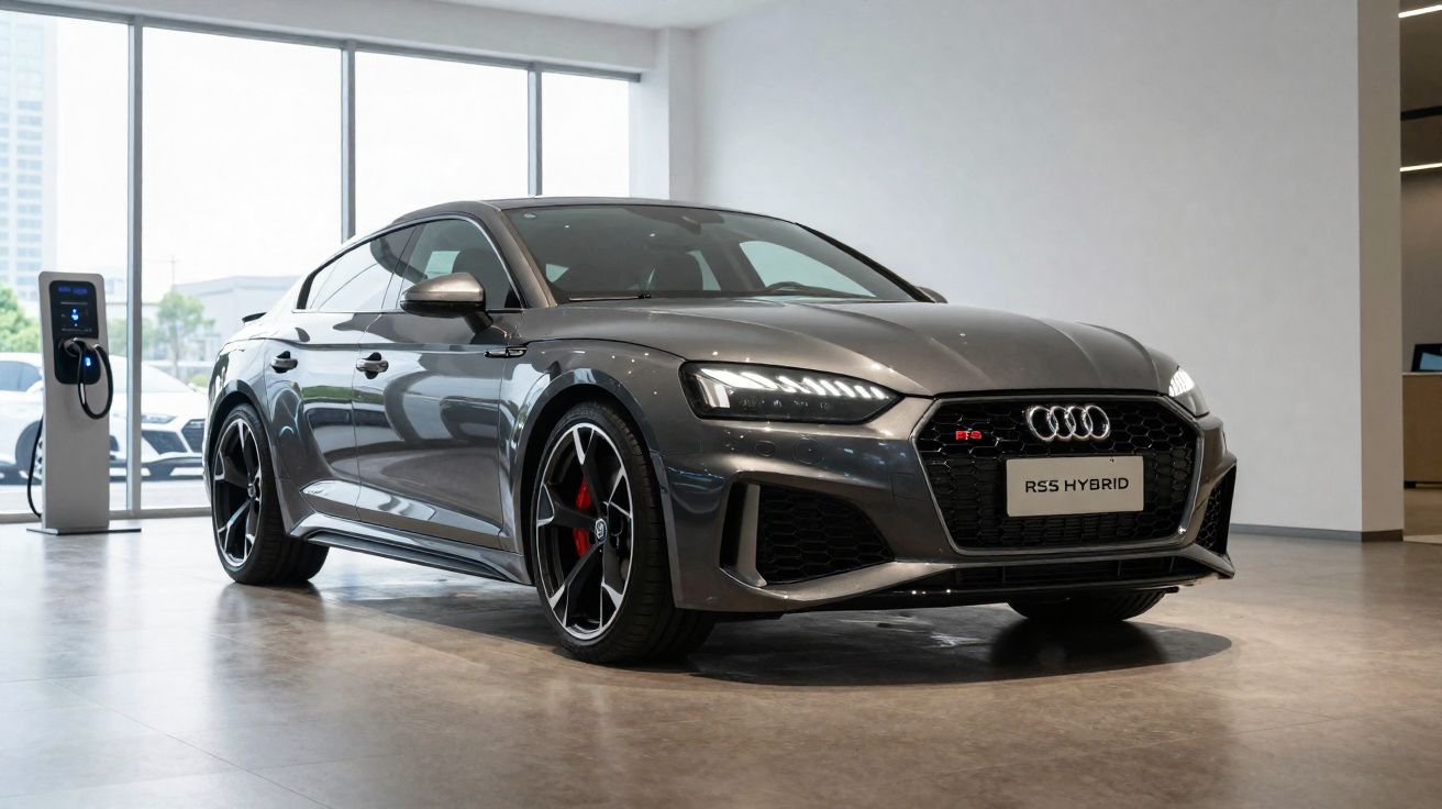 Carro cinza Audi RS5 Hybrid estacionado em showroom moderno com carregador elétrico ao fundo.