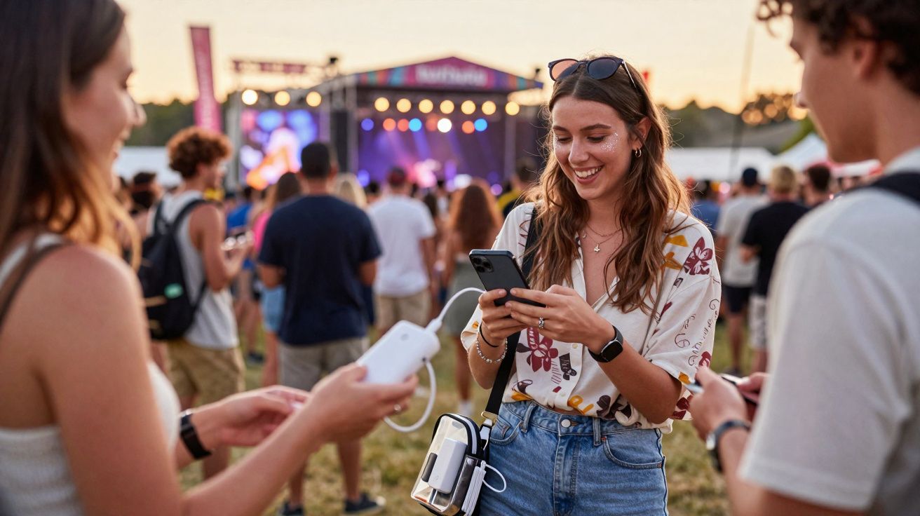 Jovens em festival ao ar livre usando celulares e carregadores portáteis com palco ao fundo.
