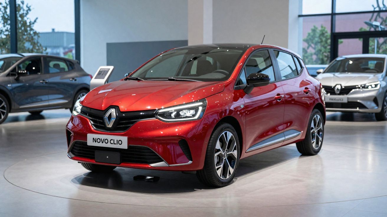 Carro vermelho Renault Novo Clio exposto em showroom moderno com outros carros ao fundo.