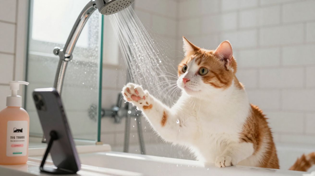 Gato laranja e branco brinca com o jato de água do chuveiro em uma banheira moderna.