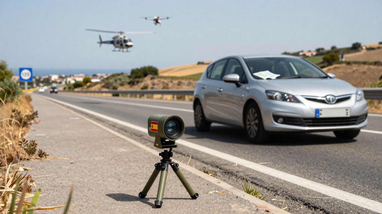 Radar de velocidade na beira da estrada monitorando carros com helicóptero e drone sobrevoando ao fundo.