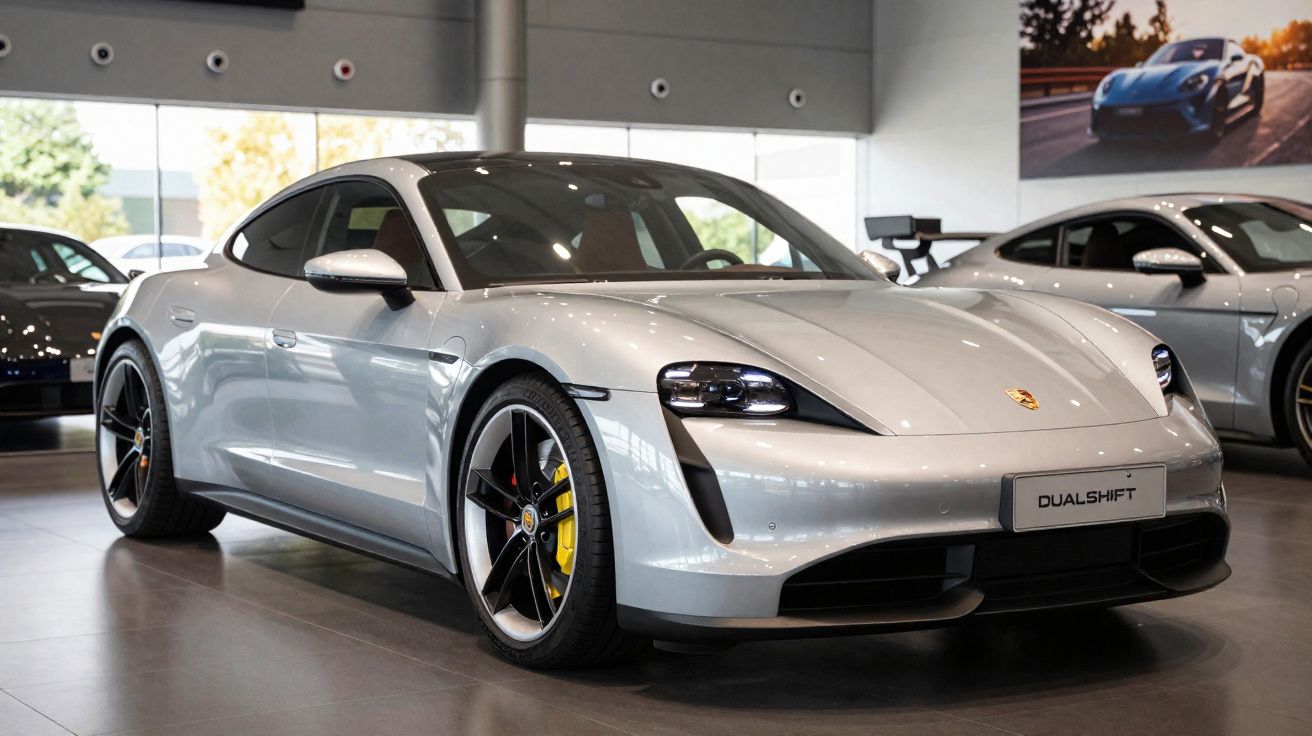 Carro esportivo prata estacionado em showroom com rodas pretas e pinças de freio amarelas.