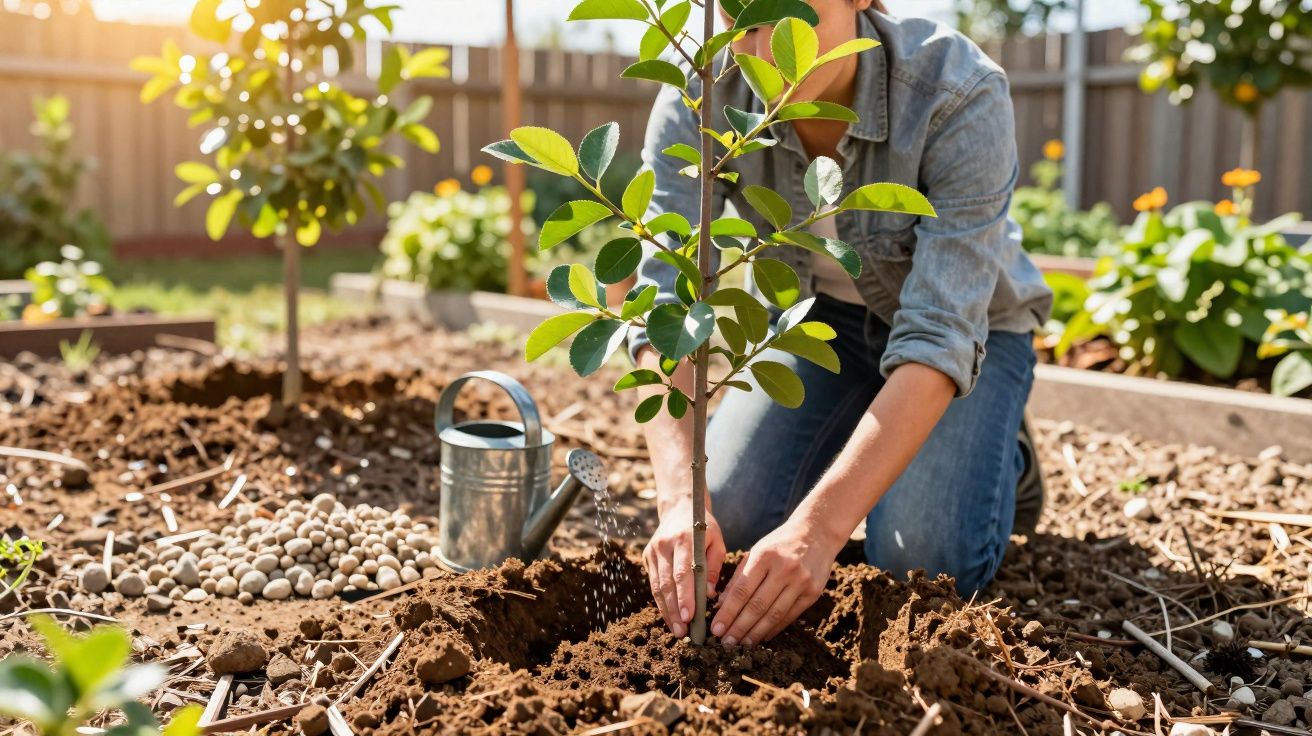 Pessoa plantando muda de árvore em solo fértil em área de jardim ensolarada.