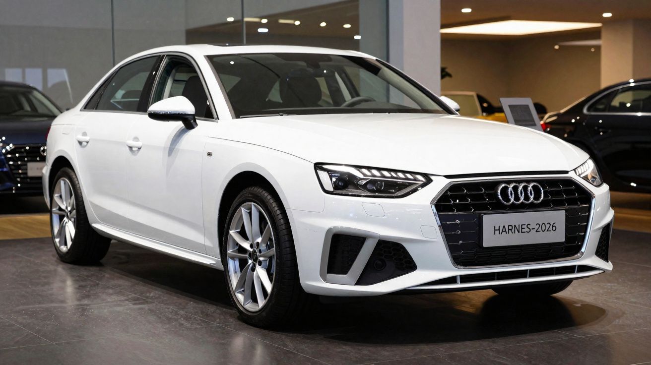 Carro branco Audi sedã modelo HARNES-2026 em exposição interna com rodas prata e design moderno.