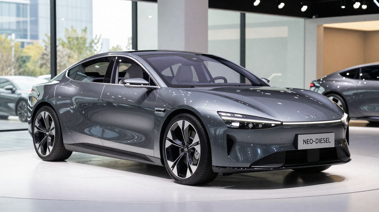 Carro elétrico cinza metálico modelo Neo-Diesel exposto em salão moderno e bem iluminado.