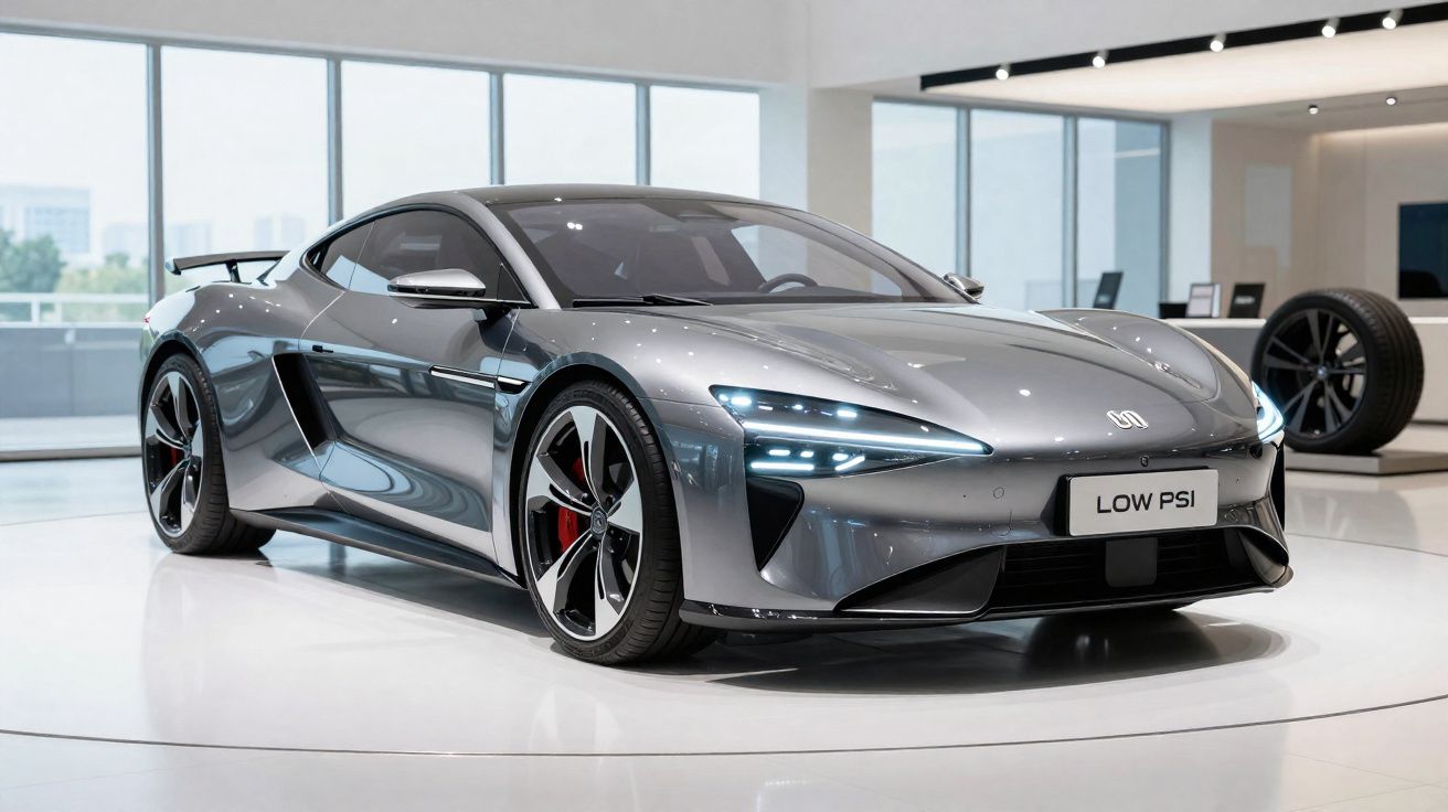 Carro esportivo elétrico cinza metálico exibido em showroom moderno com rodas de liga leve e luzes LED acesas.