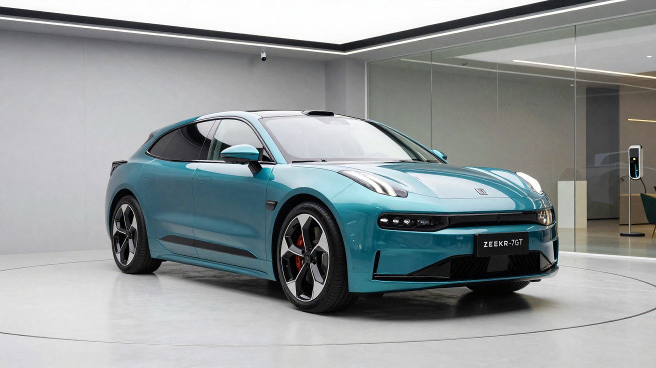 Carro elétrico azul Zeekr 001 GT em ambiente interno moderno com piso branco e parede espelhada.