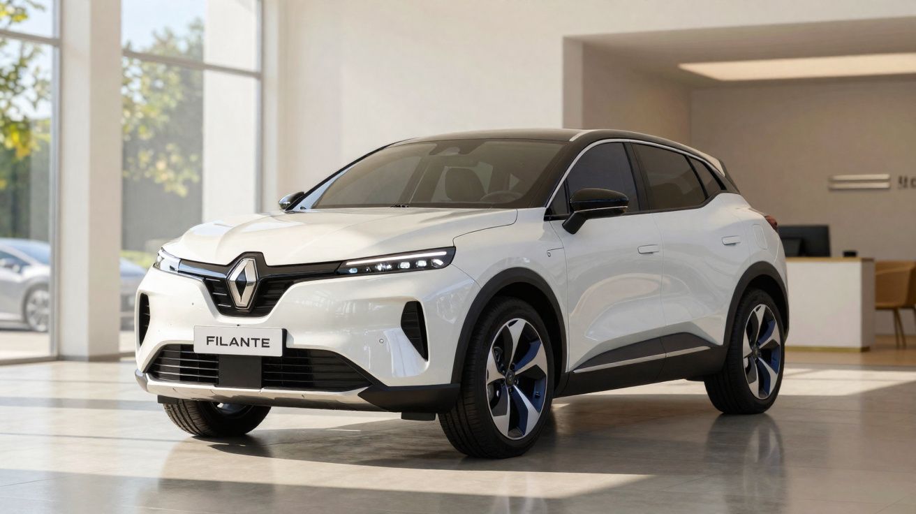 SUV Renault Filante branco, moderno, em ambiente interno iluminado por luz natural.