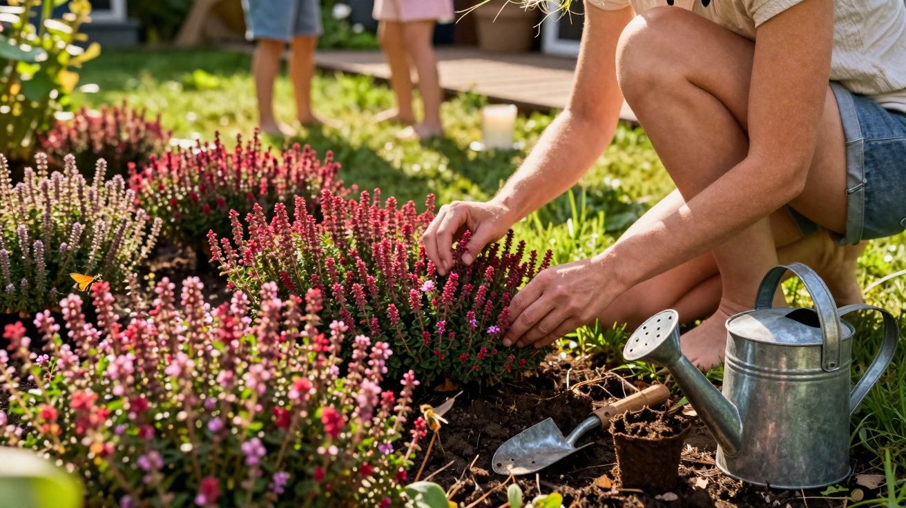 Pessoa cuidando de flores roxas em jardim ensolarado com regador e pá de jardinagem ao lado.