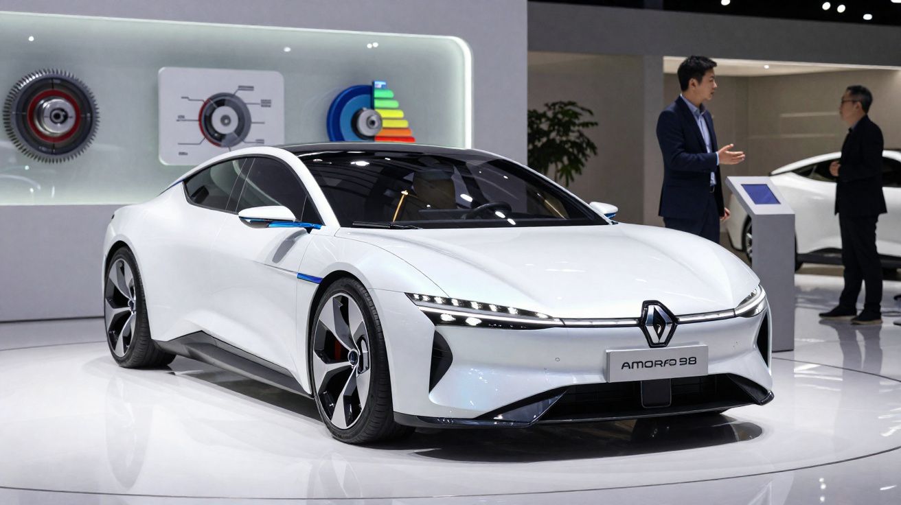 Carro elétrico branco Renault Amorfo 98 exposto em salão automotivo com duas pessoas ao fundo.